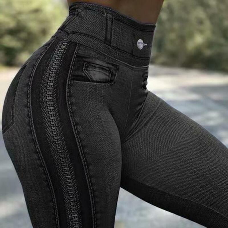 Legging Jeans Imitasi Ramping Saku Dekoratif Celana Elastis Pinggang Tinggi Gambar Cetak Ritsleting Pengangkat Panggul untuk Olahraga