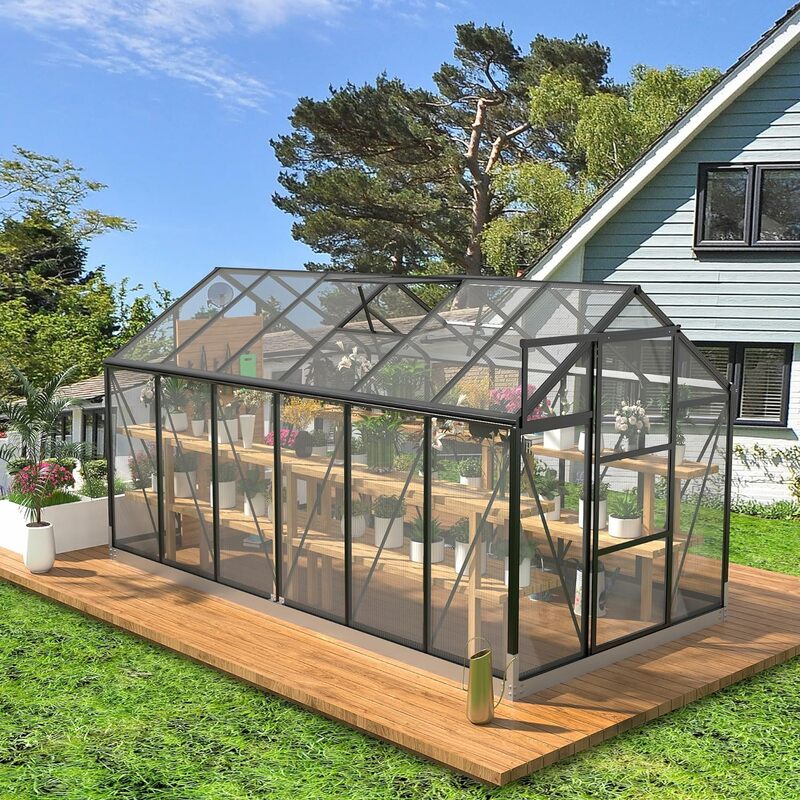 Estufa de policarbonato com aberturas de telhado ajustáveis, moldura de alumínio walk-in, casas verdes para exterior, 6x8 pés, 12 pés, 14 pés