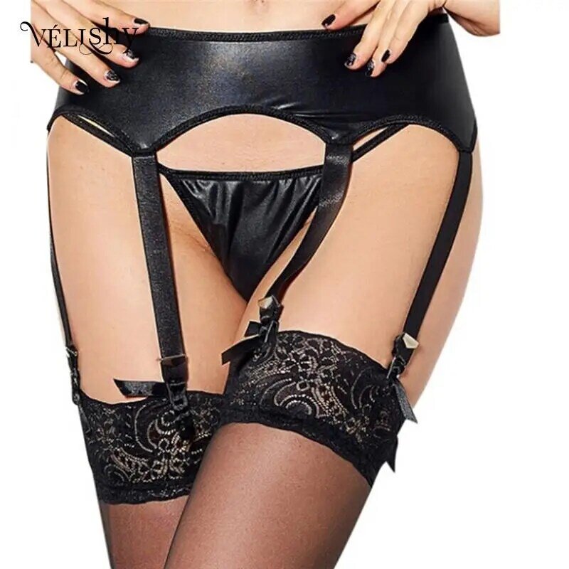 Cinto de liga de couro falso com corda G para mulheres, meias pretas de látex, lingerie sexy clubwear