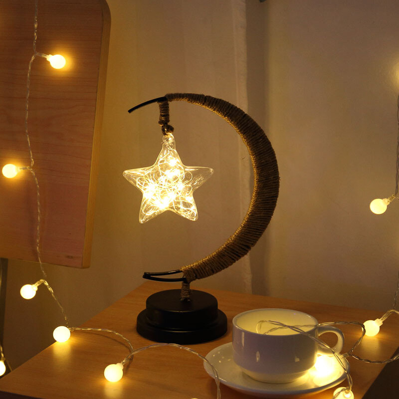 Lámpara LED de Luna y Estrella, lámpara de mesa decorativa creativa, cuerda de cáñamo, Tieyi, USB, mesita de noche decorativa