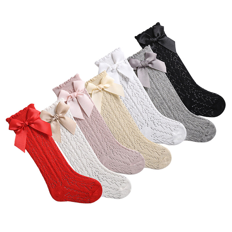 0-3Years Baby Girl Long Socks Princess Solid Color Cute Bowknot Spring Fall Thin Mesh Over-The-Knee Socks