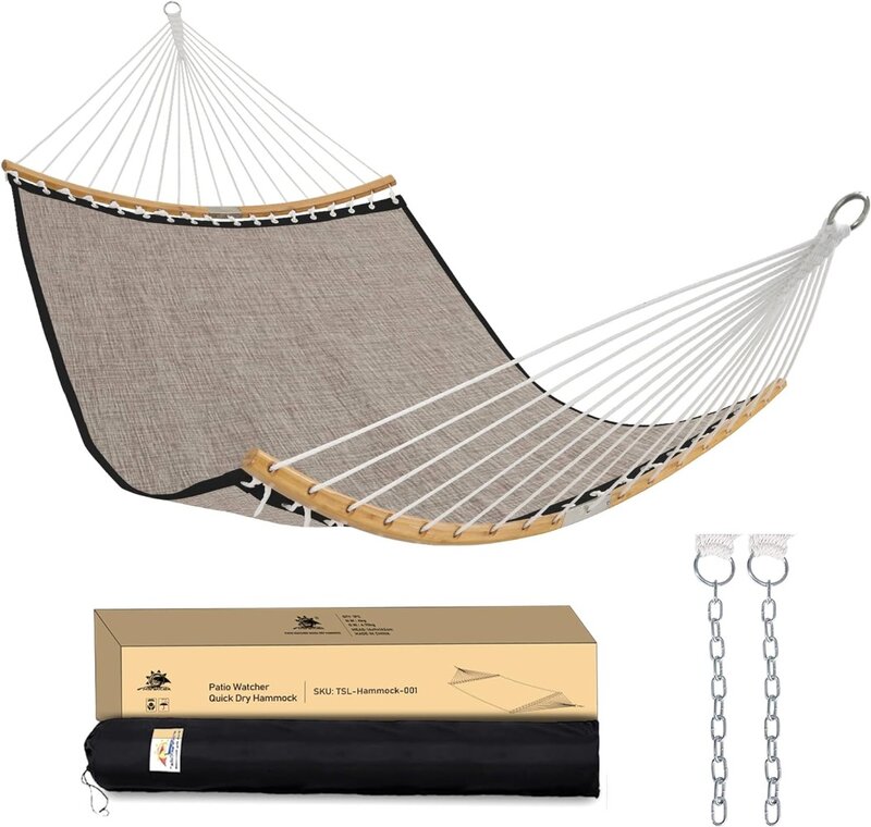 Patio Watcher 14 FT Double Hammock with Curved-Bar Bamboo, Outside Quick Dry Two Person Hammock with Olefin Fabric,Comfortable
