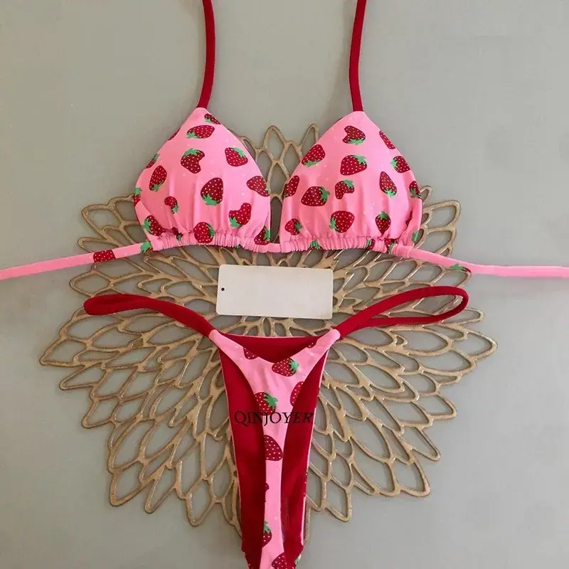 QINJOYER-Bikini brasileño con estampado de corazón para mujer, traje de baño de dos piezas con Tanga, ropa de playa, 2023