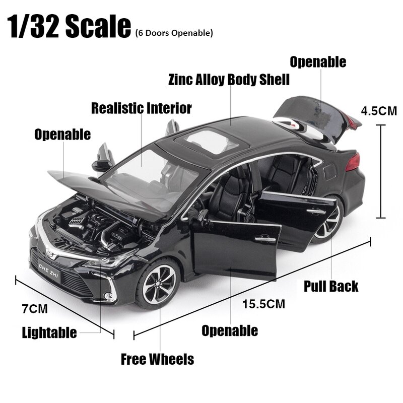 1/32 Toyota Corolla Hybride Speelgoedauto Voor Kinderen Diecast Legering Metalen Miniatuur Model Terugtrekken Geluid En Lichtcollectie Cadeau Kind