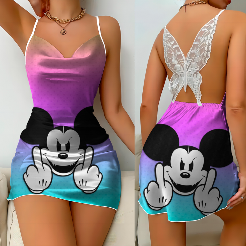 Mini vestido sexy sem costas feminino com nó arco, Minnie Mouse, pijama mickey, superfície cetim, minissaia, festa de verão, moda, 2022