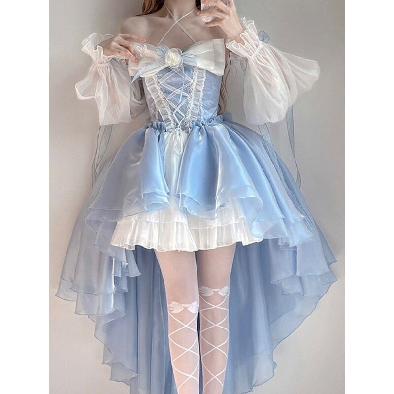 W japońskim stylu Harajuku niebieska sukienka Lolita kokardka Princess koronki z falbankami dziewczynka urocza Lolita zestaw styl japoński modna Lolita garnitur