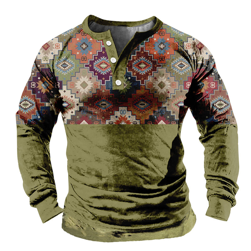 Men\'s Print Long Sleeve Henley Top  V Neck Button Pullover  Loose Blouse Tee  M 2XL Sizes  Perfect for Any Season  Polyester