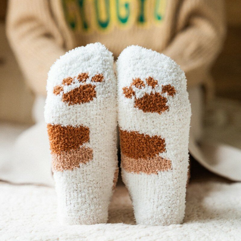 Calcetines de invierno con Pata de Gato para mujer, medias de lana de Coral, suaves y esponjosas, cálidas, para el hogar, otoño