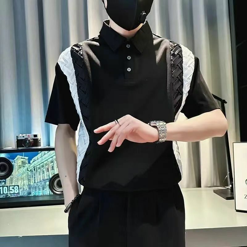 Рубашка-поло мужская с отложным воротником, модная повседневная универсальная свободная футболка с коротким рукавом, на пуговицах, в Корейском стиле, лето 2024