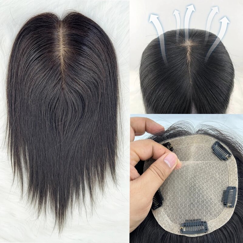 女性用ナチュラルヘアトッパー,人間の髪の毛,通気性のあるコットントップ,シルクベース,クリップ付きヘアピース,16x18cm