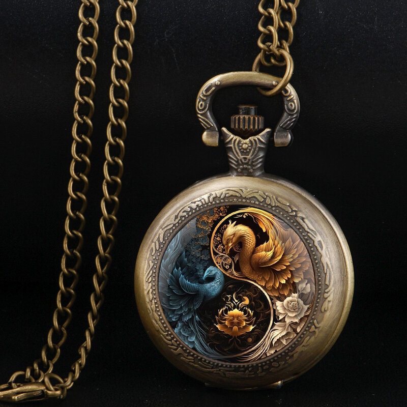 Mysterious Retro Phoenix Bronze Pocket Watch para homens e mulheres, Vintage Quartz Necklace, Unique Pendant Clock, Gift Accessories