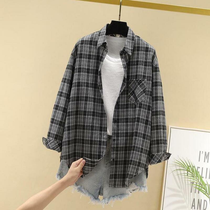 턴다운 칼라 긴팔 싱글 브레스트 패치 포켓 루즈 셔츠, 클래식 격자 무늬 프린트 캐주얼 셔츠 블라우스, 여성 의류