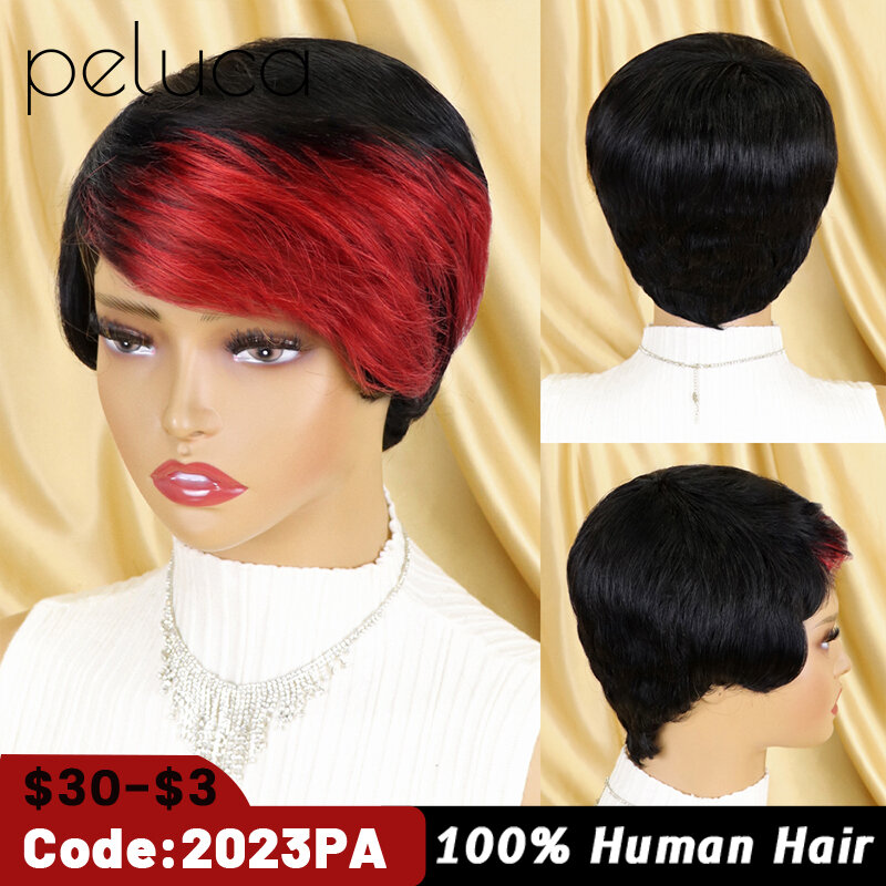 Cor pixie curto corte peruca para preto feminino em linha reta borgonha cabelo humano com franja glueless cabelo brasileiro barato