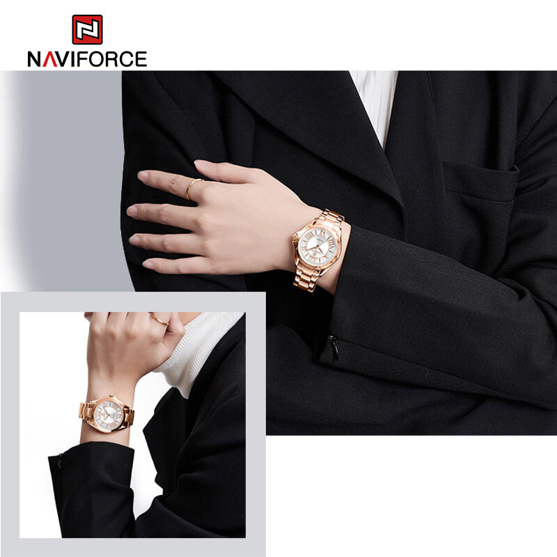 NAVIFORCE-relojes de acero inoxidable para mujer, pulsera elegante, esfera delicada, cuarzo de alta calidad, resistente al agua, novedad
