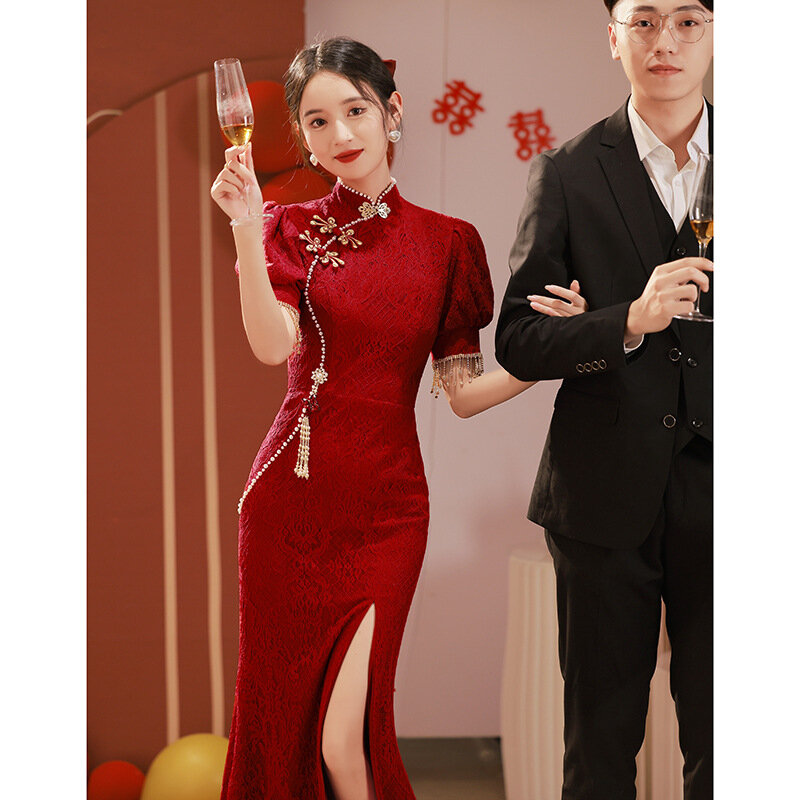 Qipao gaun jamuan merah anggur wanita elegan gaun Cheongsams bunga renda seksi gaun Tiongkok ramping Vintage kerah Mandarin Vestidos