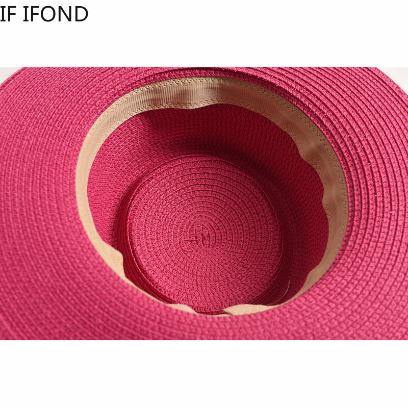 Nowe letnie słomiane kapelusze przeciwsłoneczne dla kobiet moda damska płaskie rondo wstążka kapelusz na plażę Travel Dress Cap chapeau femme