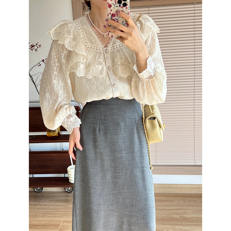 Vintage French Women Shirts Lace Lolita Elegant Long Sleeve Flounce Blouse High Quality Office Lady New Fashion Chic Female Tops