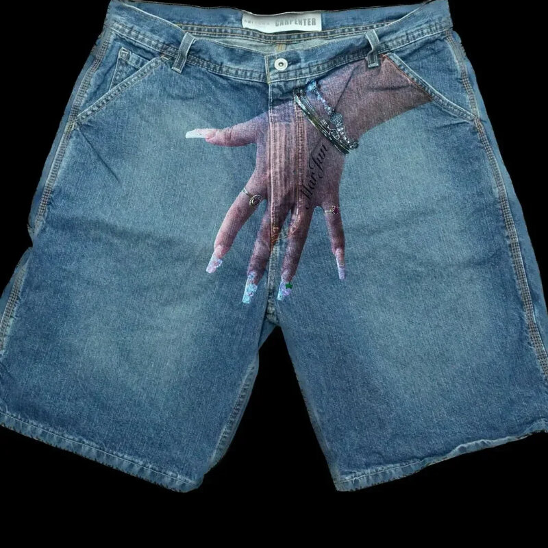 American street hiphop palm finger personalized print Harajuku hip hop plus size pattern retro loose denim shorts retro jeans