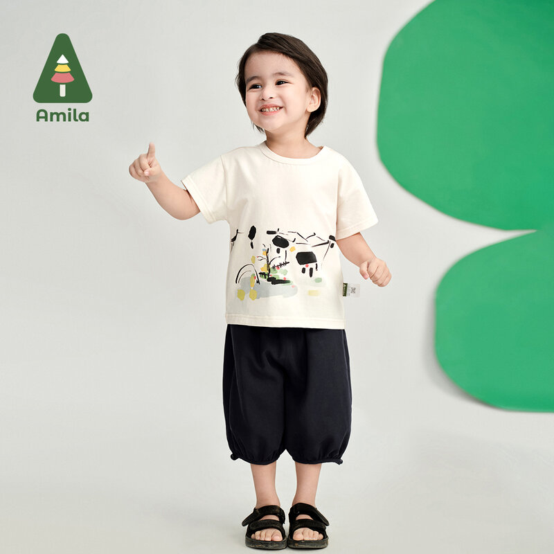 Amila กางเกงผ้าฝ้ายระบายอากาศแขนสั้น + กางเกงขนาดกลาง, 0-6Y เสื้อผ้าเด็กผ้าฝ้ายพิมพ์ลายหมึก2024ฤดูร้อน