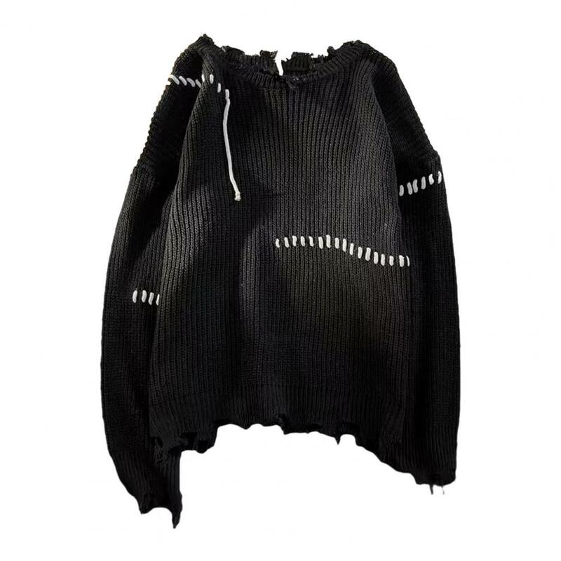 Hip Hop Sweater Herren Fransen Quaste Pullover warm gestrickter Pullover mit zerrissenem Detail lockere Passform für Herbst Winter Langarm