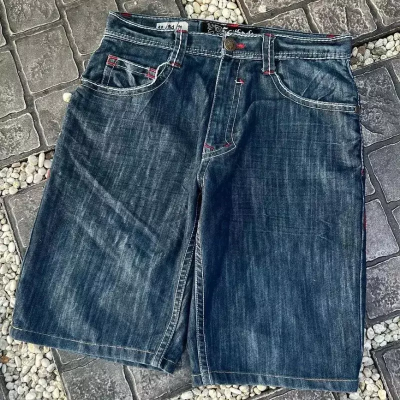 Pantalones cortos de mezclilla de gran tamaño para hombres, pantalones de cintura alta, hip hop, y2k, bordado, patrón de Cruz geométrica popular, Harajuku, nuevo, 2000s