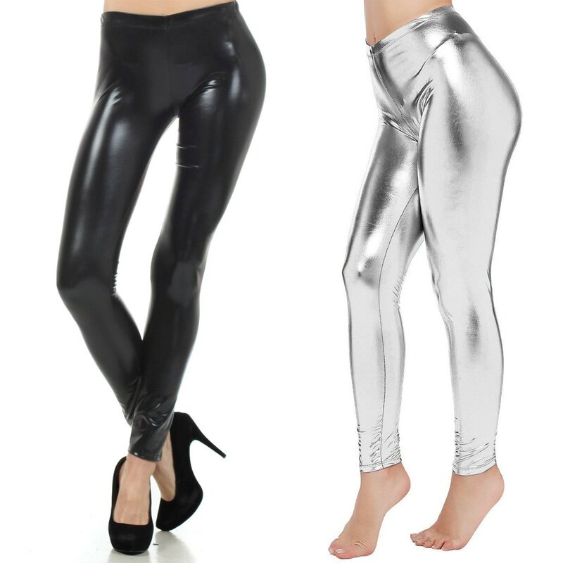 Leggings push-up taille haute en cuir PU pour femme, pantalon skinny élastique, aspect support brillant, latex métallique, longueur de rinçage, noir, astronomique