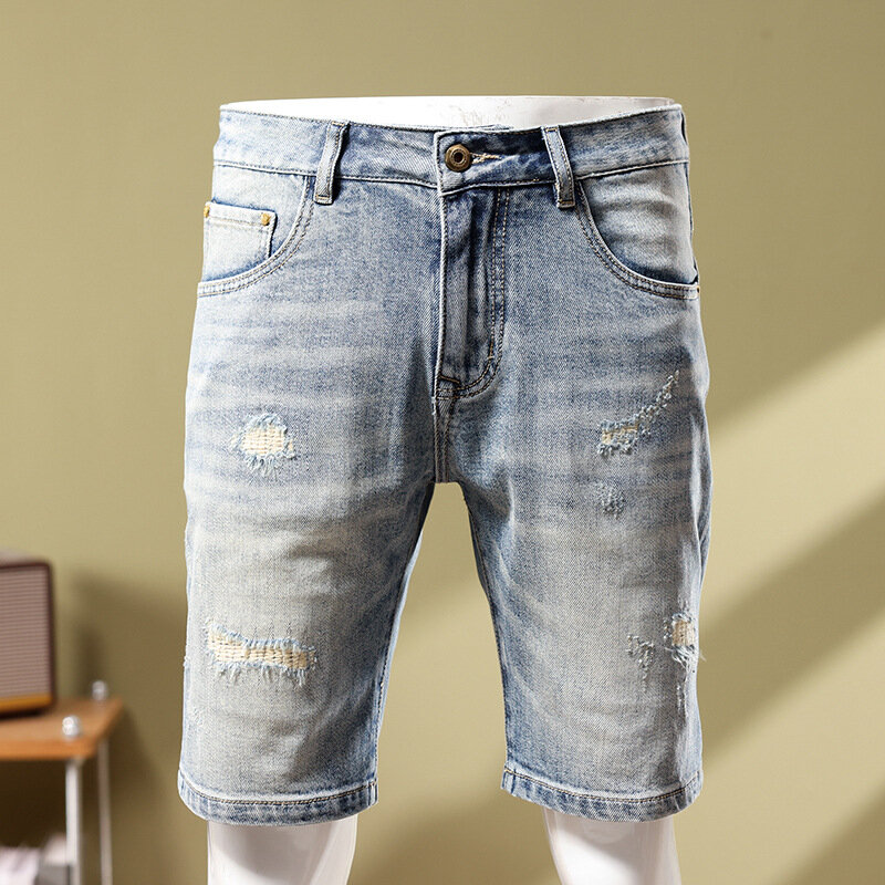 Fashion Denim Shorts für men2024summer Scratch Street Trend Retro Slim Fit leichte, lässige, kurze Hose mit geradem Bein