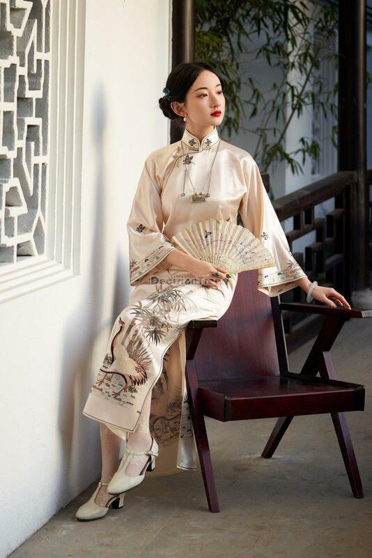 2023 new Chinese traditional vintage qipao dress oriental flower print dress women elegant festival party cheongsam dress a391