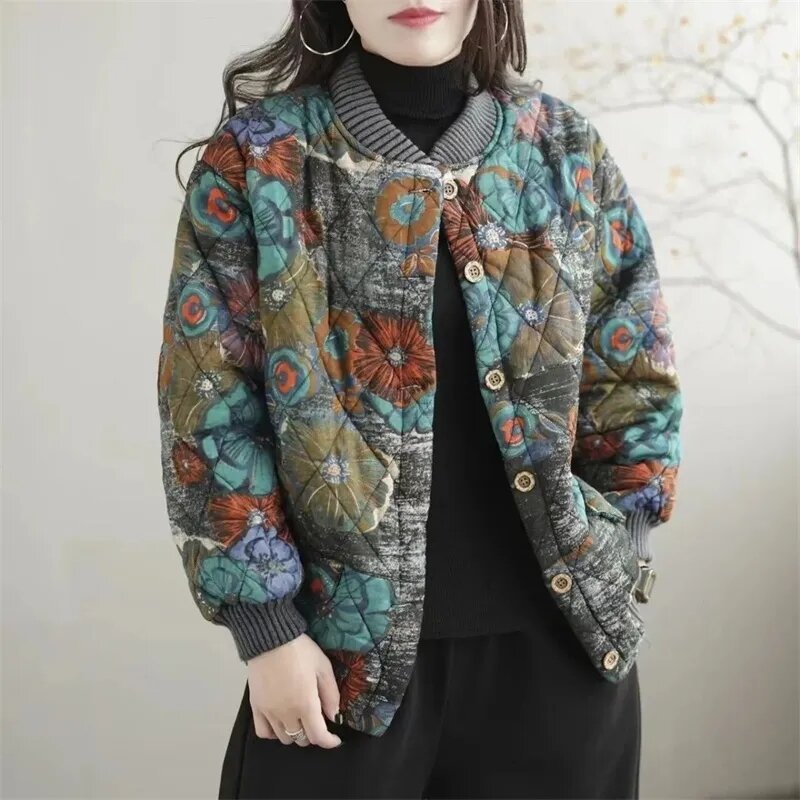 Thickened Winter Women's New Korean Version Loose Print Standing Collar fashion Ladies Casual Warm Cotton Jacket Cardigan Tops