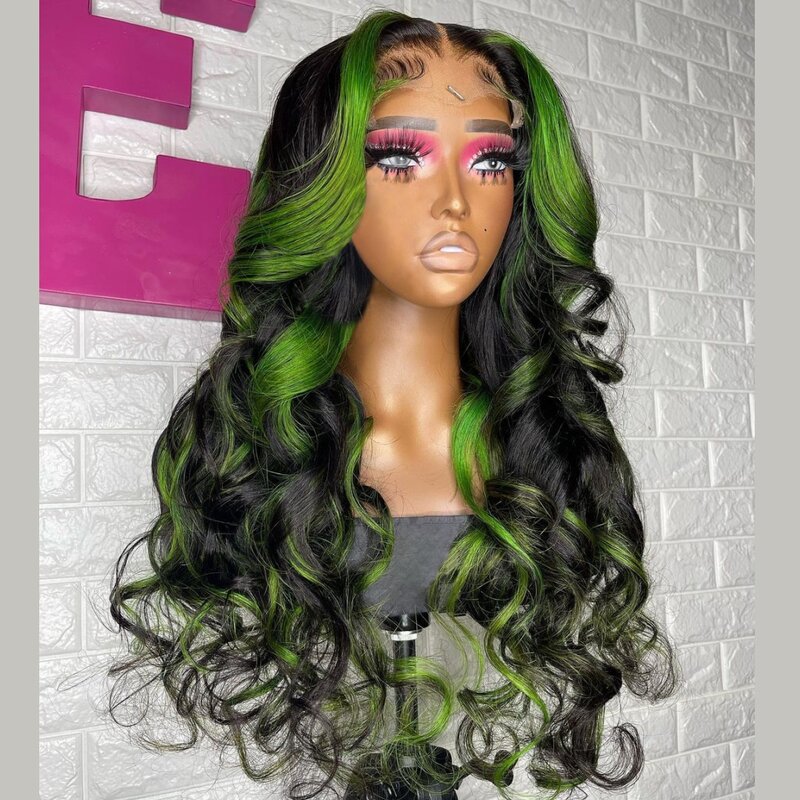 Wig13X4 pelucas frontales de encaje sintético para mujer, pelucas de encaje de onda corporal, verde degradado, prearrancado