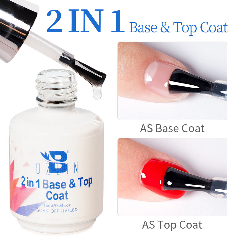 BOZLIN 2 IN 1 Base Top Coat Gel Primer Nail Polish Long Lasting Soak off 15ML Semi Permanent UV Gel Polish Nail Art Varnish