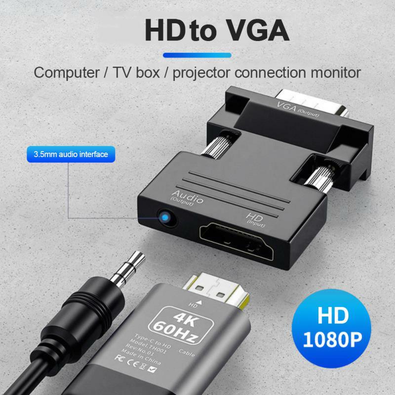 HDMI 호환 VGA 변환기, 3.5mm 오디오 케이블 포함, PS4 PC 노트북 TV 모니터 프로젝터용, 1080P HD 암 VGA 수 어댑터