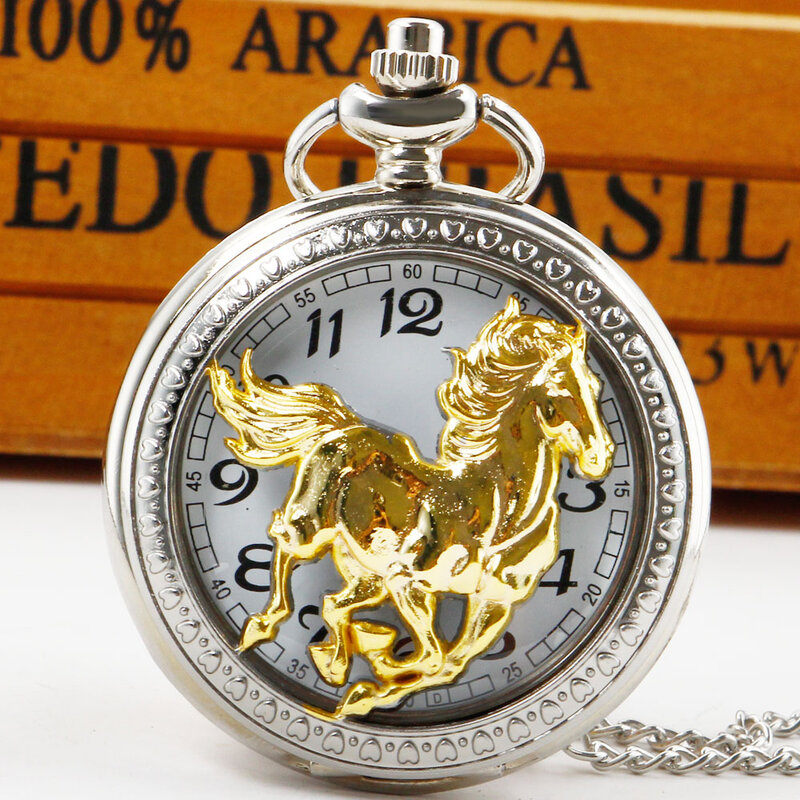 Relógio de bolso com mostrador branco para homens e mulheres, esqueleto dourado, quartzo cavalo, algarismos arábicos, colar relógio pendente, presente unisex, decoração pop