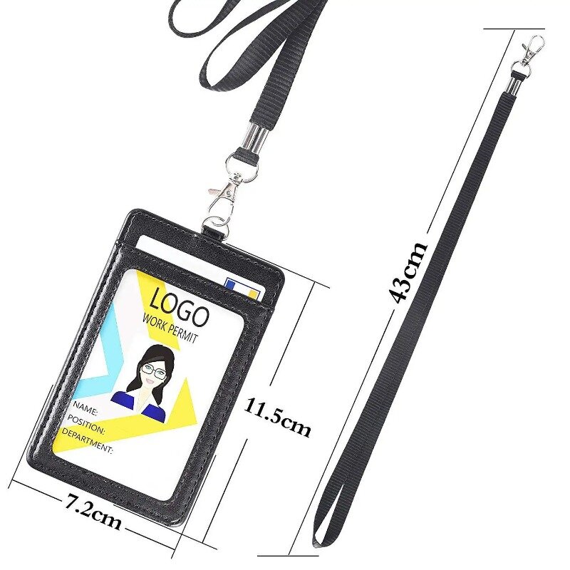 Tempat kartu kulit PU hitam uniseks, dengan tali leher 2 slot kartu ID kartu kredit pemegang lencana dompet perlengkapan kantor sekolah