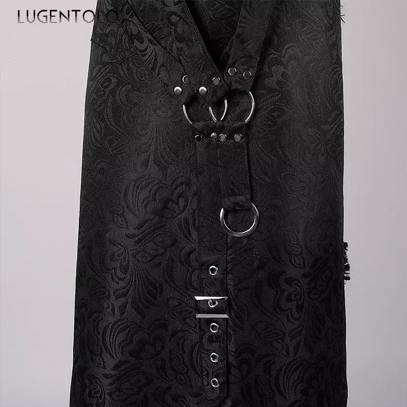 Lugentolo กระโปรงร็อคสีดำสำหรับผู้ชาย, กระโปรงครึ่งปีแบบผ้าแจ็คการ์ดไม่สมมาตรสำหรับปาร์ตี้พังค์แนวย้อนยุคขนเคราสีทึบใหม่