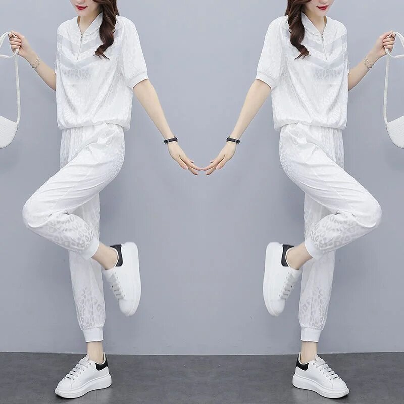 Fato esportivo glamoroso coreano solto feminino, top e calça de manga curta, roupa esportiva feminina para verão, novo, conjunto de 2 peças
