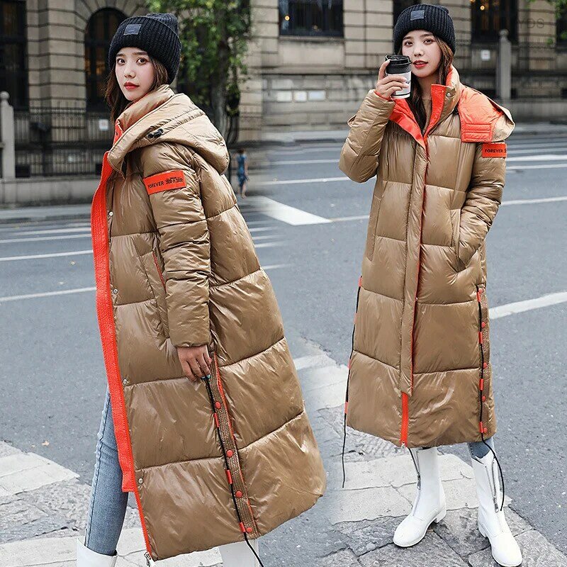 Abrigo de nieve acolchado y cálido para mujer, chaqueta de plumón brillante, impermeable, Parkas largas gruesas de gran tamaño, chaqueta con capucha femenina, Invierno