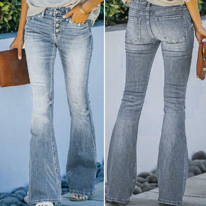 Cintura alta feminina com bainha queimada jeans, cor gradiente, bolsos de comprimento total combinando, botão justo para um