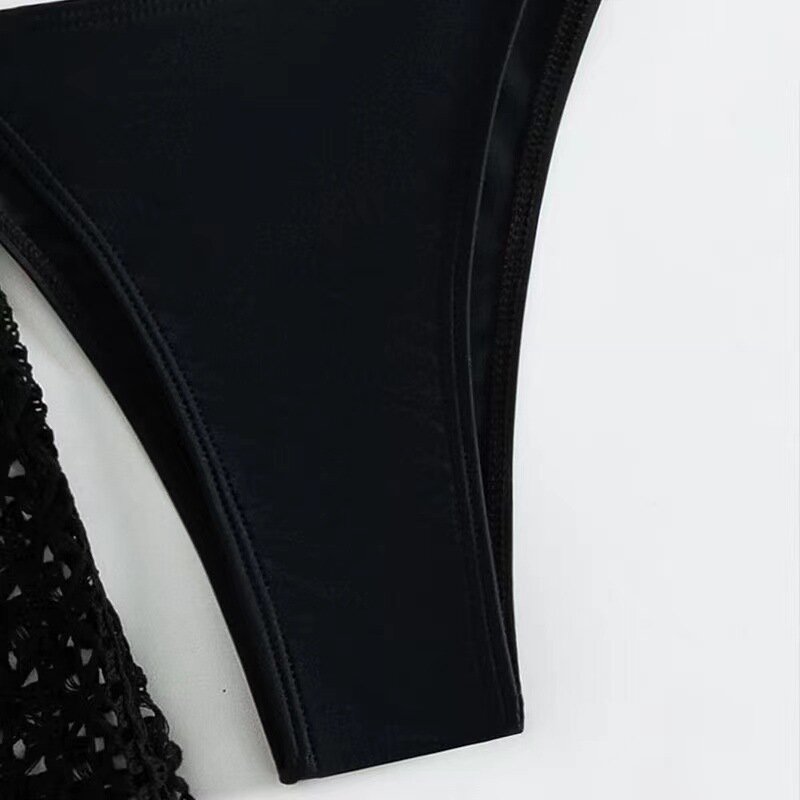 ชุดบิกินี่สีดำ3แพ็คสำหรับผู้หญิงชุดไมโครพร้อมกางเกงถักชุดว่ายน้ำสตรีชุดสำหรับว่ายน้ำสระว่ายน้ำอาบแดด