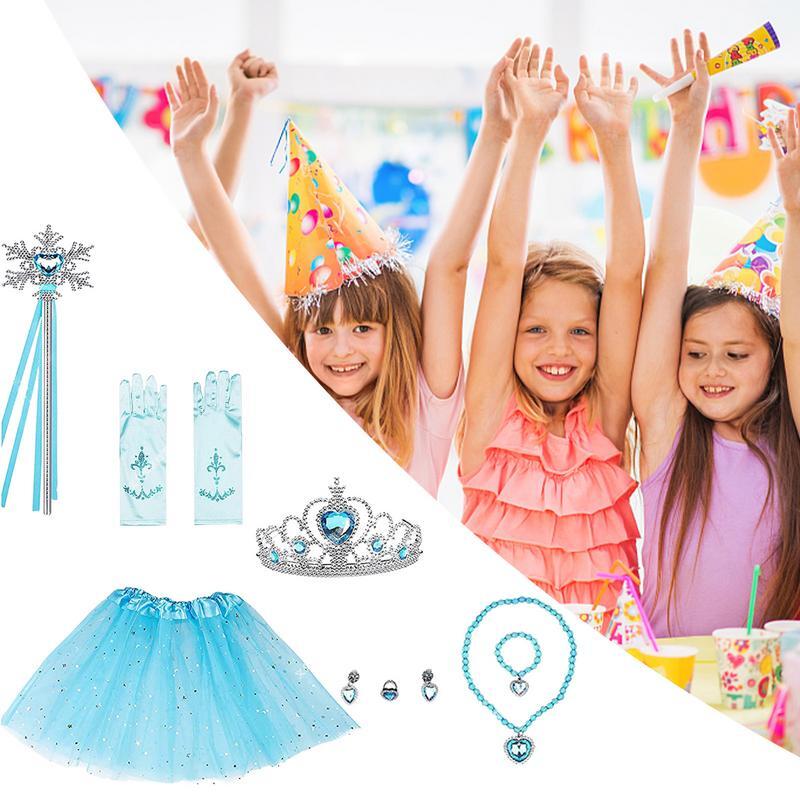 Kit perhiasan kostum putri biru Elsa, Set Aksesori gaun putri termasuk rok Sarung tangan putri Tiara Gelang Anting