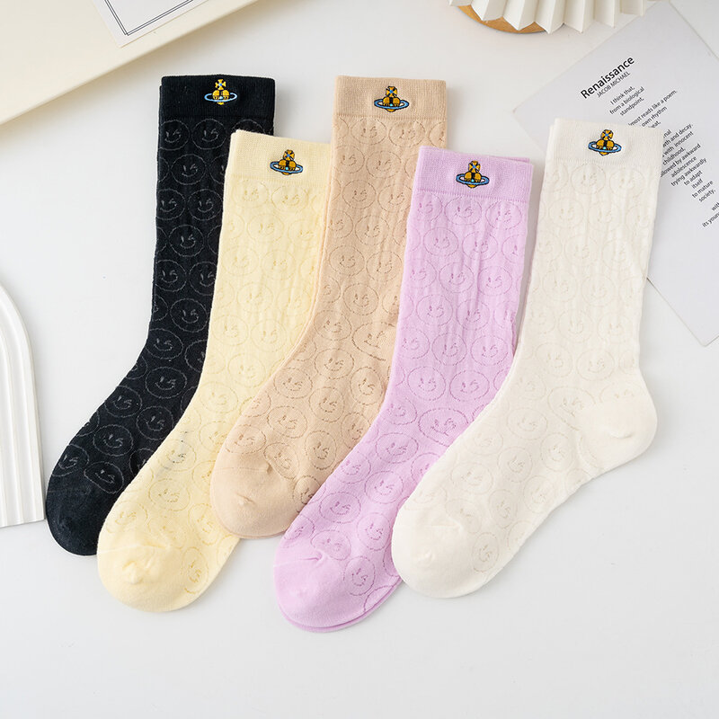 5 Pairs Trendy Thin Ice Silk Socks for Women Mesh Embroidered Fashion Versatile Style Cool Summer Pile Up Women's Trendy Socks