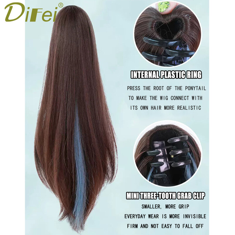 DIFEI Synthetic Wig Female Ponytail Long Straight Hair Grab Clip Highlights Smog Blue High Ponytail Highlights Trend Ponytail