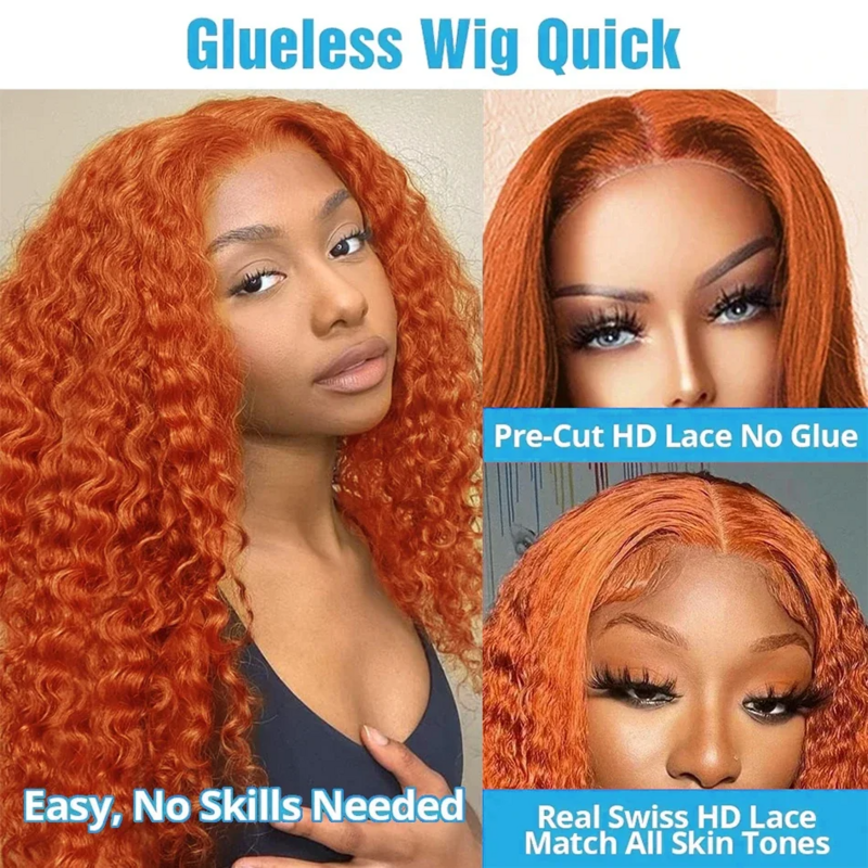 Perruque Lace Front Wig Deep Wave Brésilienne Naturelle, Cheveux Bouclés, Orange, 13x6 HD, 30 Pouces, 350 #, au Choix, pour Femme