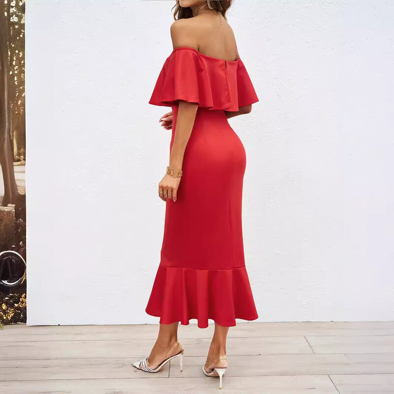 Mode Slash Neck Party langes Kleid für den Sommer neue Urlaub Lotus Kragen einfarbiges Kleid Fischschwanz rot Abendkleid Frauen