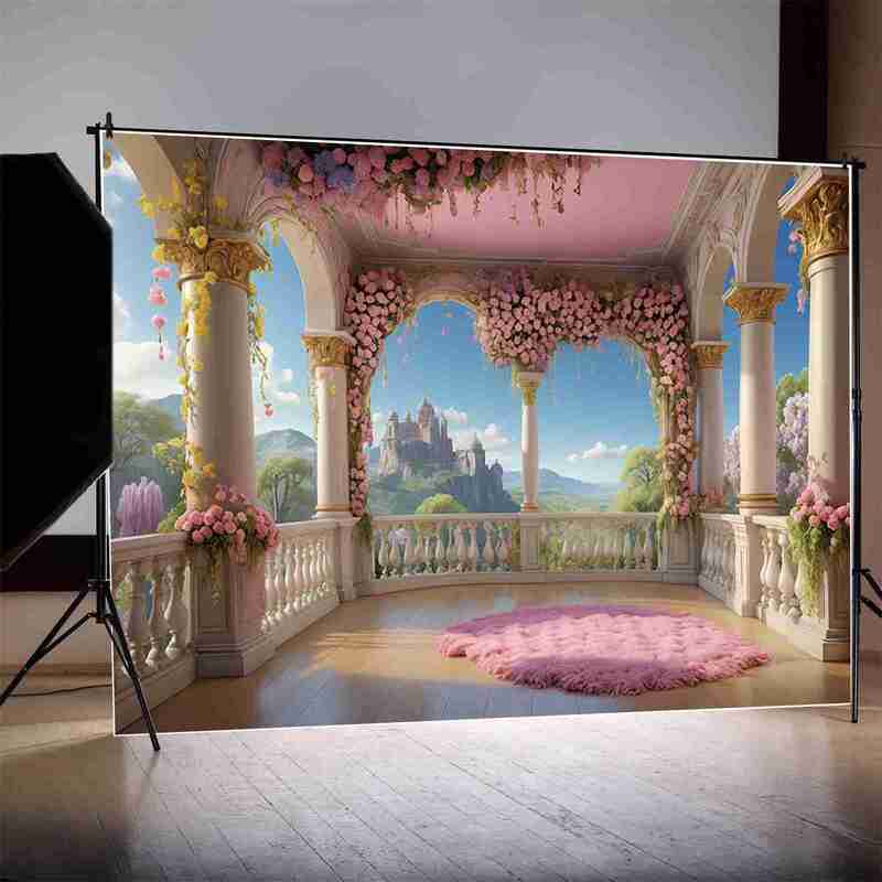 MOON.QG Floral Flower Garland Princess Birthday Backdrops Women Marble Viewing Platform Backgrounds Custom Party Photocall Props