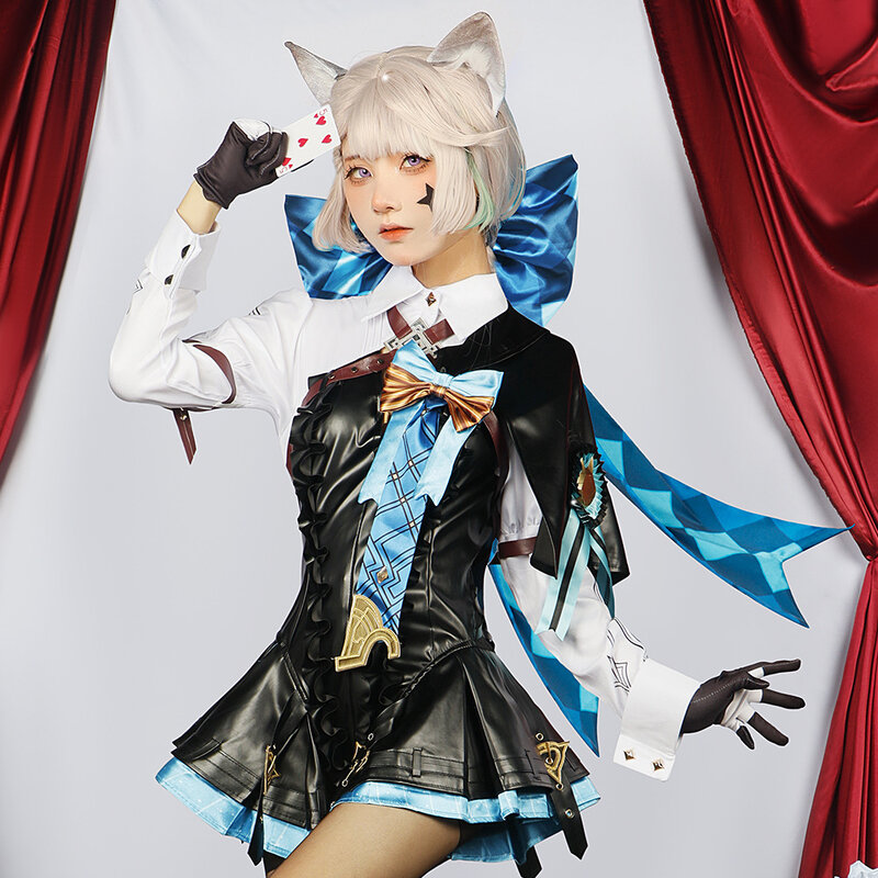 Lynette Cosplay Costume Wig Game Fontaine Lyney Leather Uniform Dress Long Hair Ears Skirt Glove Outfit Tail Magician Comic Con