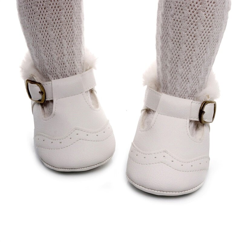 VISgogo sepatu Dress bayi perempuan, sepatu flat Mary Jane hangat musim dingin anti Slip bulu domba