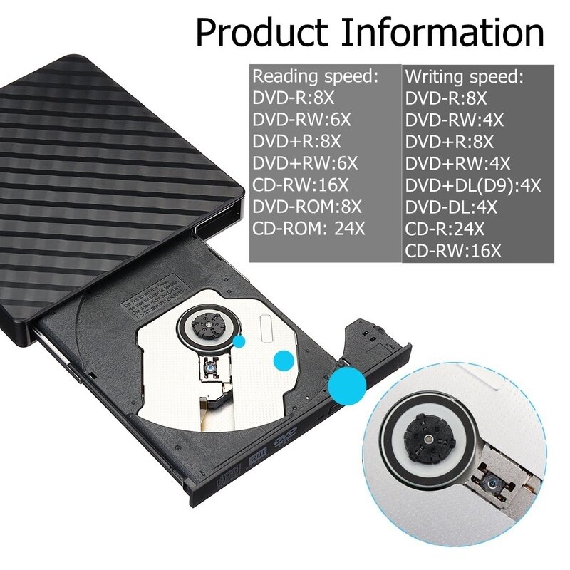 Magro gravador de DVD externo RW para PC portátil, 2in 1, USB 3.0, tipo C, gravador de CD, unidade, leitor, leitor, unidades ópticas