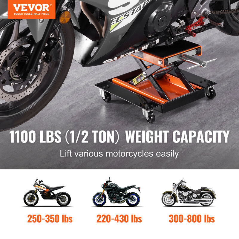 Vevor-ワイドデッキ付きモーターサイクルシザーリフトジャック、安全ピン、自転車オートバイに適合、350、1100,1500ポンドの容量