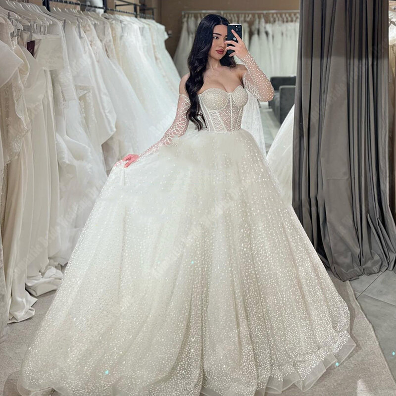 Luksusowe jasne damskie suknie ślubne z odkrytymi ramionami suknie ślubne o długości do mycia księżniczki zaręczynowe Vestidos De Novias